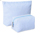 Huhumy 2 Pcs Makeup Bag Set Cute Cosmetic Pouch for Women Seersucker Travel Toiletry Bag Preppy Small Makeup Purse Pouch Aesthetic Skincare Brushes Storage Organizer for Valentine Women(Blue)