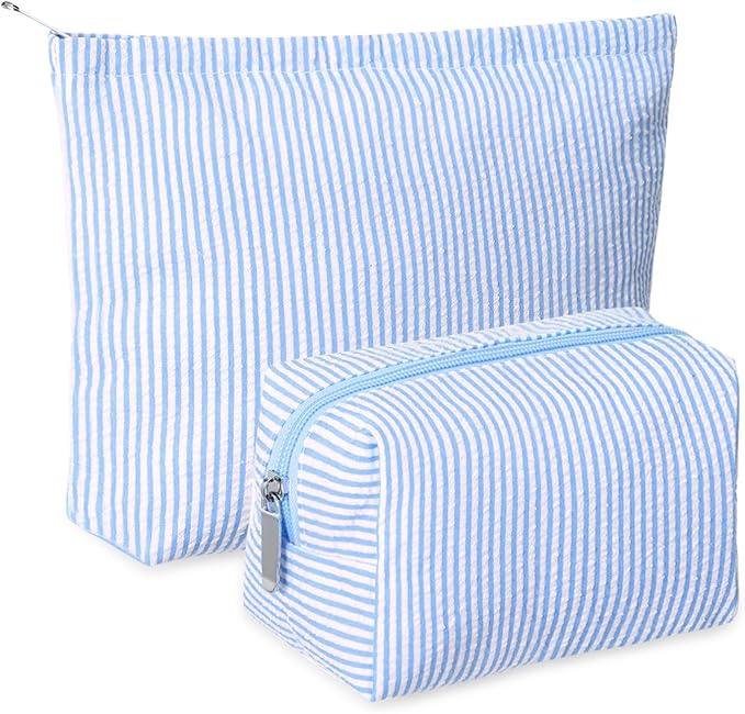 Huhumy 2 Pcs Makeup Bag Set Cute Cosmetic Pouch for Women Seersucker Travel Toiletry Bag Preppy Small Makeup Purse Pouch Aesthetic Skincare Brushes Storage Organizer for Valentine Women(Blue)