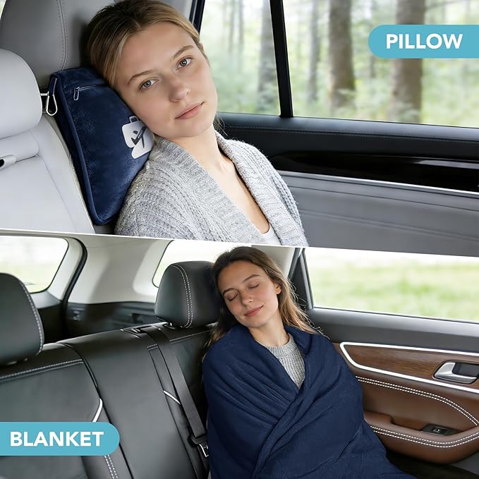SINLAND Travel Pillow and Blanket 2-in-1 Set,Airplane Packable Bag,Soft and Lightweight Plane Flight Car Trips Travel Essentials Gift,Hand Luggage Sleeve and Backpack Clip,60x50 Inch NavyBlue