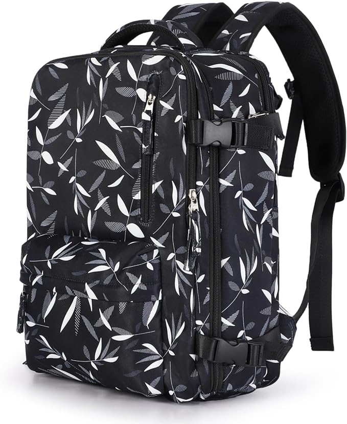 WONHOX Large Travel Backpack Women, Carry On Backpack,Hiking Backpack Waterproof Outdoor Sports Rucksack Casual Daypack Fit 14 Inch Laptop with USB Charging Port Shoes Compartment, Leaves Black