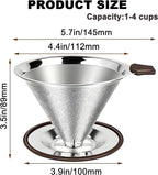 Pour Over Coffee Dripper - 304 Stainless Steel, Paperless & Reusable Dual-Layer Metal Coffee Filter with Base, 600 Mesh Steel Cone, for 1-4 Cups Brew Coffee Maker (Brown)