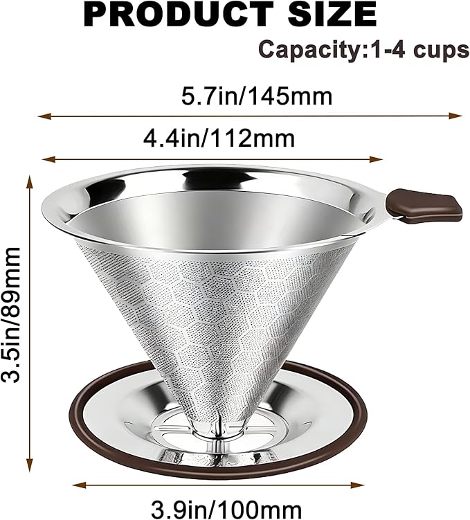 Pour Over Coffee Dripper - 304 Stainless Steel, Paperless & Reusable Dual-Layer Metal Coffee Filter with Base, 600 Mesh Steel Cone, for 1-4 Cups Brew Coffee Maker (Brown)