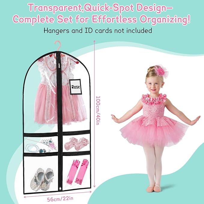 10 Pack Garment Bags for Dance Costumes,40" Kids Clear Garment Bags for Hanging Clothes with 4 Zipper Pocket,Dance Competition Must Haves for Dance Competition, Travel, Closet Storage(Black)