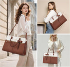MOSISO Laptop Tote Bag for Women, 15.6 inch Waterproof PU Leather Work Bag with Clutch Purse & Bowknot, Large Capacity Handbag Shoulder Computer Bags Work Briefcase for Business Teacher Office, Brown