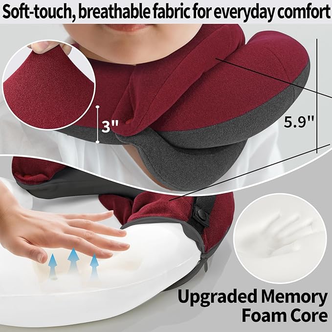 BUYUE Kids Travel Pillows for Airplane, Memory Foam 360° Head Support Sleeping Essentials for Long Flight, Skin-Friendly Soft Neck Pillow for Traveling in Car Seat, (Small, Red Grey, 40-90 lbs)
