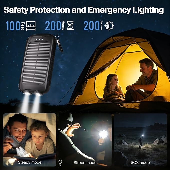 Portable Charger Solar Power Bank 20000mAh with USB-A and USB-C 5V/3A Output Port Black Battery Pack Compatible with iPhone, Samsung, Waterproof Emergency LED Flashlights Perfect for Camping, Hiking