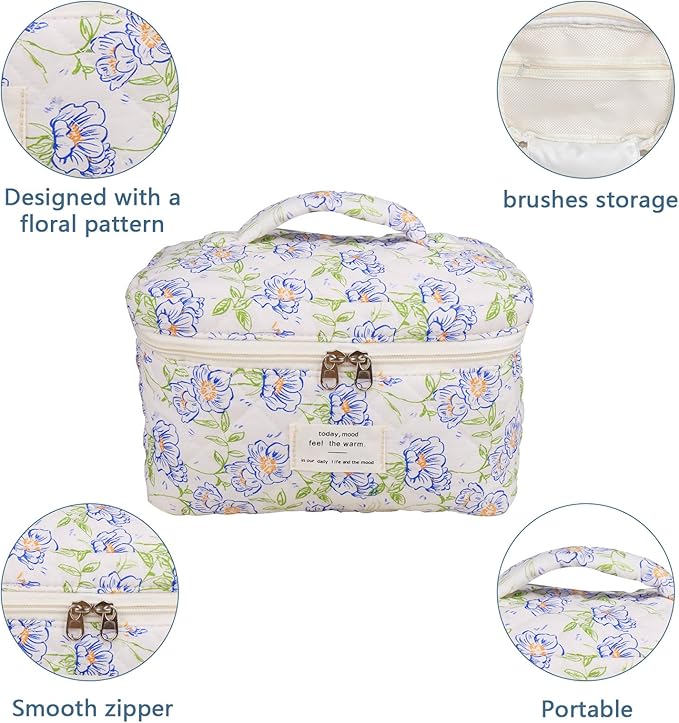 Gosect Large Makeup Bag, Cute Cosmetic Bag for Women Girls, Floral Coquette Aesthetic Toiletry Bag, Travel Make Up Organizer Bag (light blue)