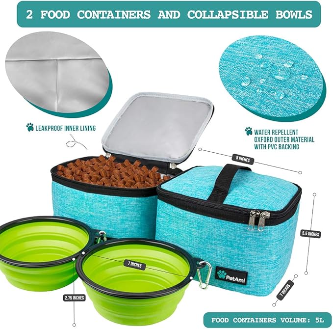 PetAmi Dog Travel Bag, Travel Pet Bag Organizer, Dog Food Travel Bag with Container Collapsible Bowls, Pet Travel Supplies Gift Accessories for Weekend Camping, Puppy Cat Diaper Bag, Teal Blue Large