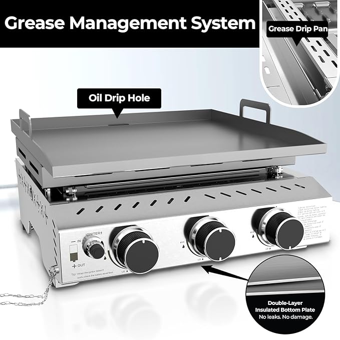 R.W.FLAME 3 Burner Tabletop Propane Griddle, 25" Stainless Steel, 24,000 BTU, Flat Top Grill for Outdoor BBQ, Camping & Patio