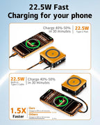 for Magsafe Portable Charger with Built-in Cables and AC Wall Plug, 10000mAh Magnetic Wireless Power Bank 22.5W Type-C in & Out Fast Charging Battery Pack for iPhone 17/16/15/14/13/12 Series, Orange