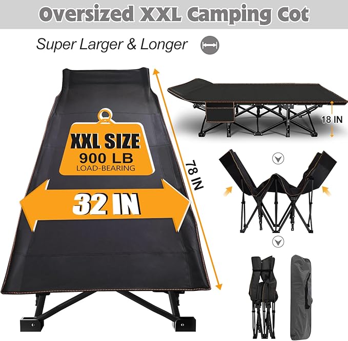 ABORON XXL Camping Cot for Adults 900LBS - 78"×32" Oversized Folding Bed with Mattress Pad, Heavy Duty 1200D Oxford Outdoor Cot with Carry Bag