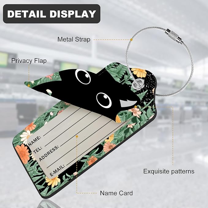 2Pack Luggage Tags for Suitcases, Cute Unique Pu Leather Cruise Luggage Tag with Privacy Cover ID Label Address Card and Metal Ring Suitable for Women Men Kids Travel Bag Orange Flowers and Cats