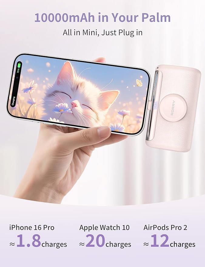 RORRY PalmGo Portable Charger, 10000mAh PD 22.5W Fast Charging Mini Power Bank with Built-in USB C Connector, 3-in-1 Battery Pack for iPhone 17/16/15 Pro/Max, Apple Watch Ultra/11/10/SE, iPad, Pink