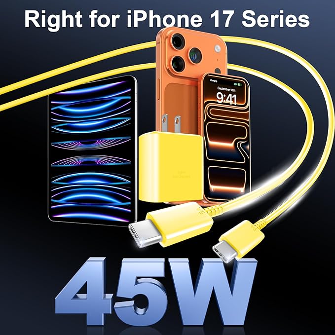 Phone 17 16 Pro Max Charger Fast Charging, 45W USB C Phone 17 16 Super Fast Charger Block with 10ft Long Type C Charging Cable Cord for i.Phone 17 Pro Max/17 Pro/17 Air/17/16/16Pro/16 ProMax-Yellow