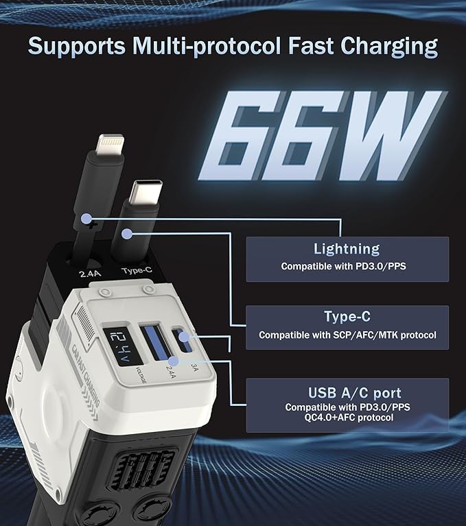 Retractable Car Charger, 4 in 1 Retractable Phone Charger with 66W Fast Charging, 2 Retractable Cables and 2 USB-C USB-A Port Compatible with iPhone 16/15/14/13/12/11, Samsung,Galaxy,Pixel (White)