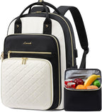 LOVEVOOK Lunch Backpack for Women, 15.6 Inch Laptop Bag with Insulated Cooler Lunch Box, Work Backpack for Teacher Nurse, Travel Backpack Lunch Bag for Camping Picnic Daily Use, Black Beige