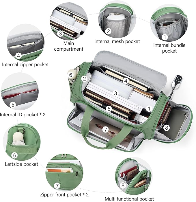Hanke Small Travel Duffel Bag, Under Seat Carry On Personal Item Bag with 11 Pockets, Lightweight Water Resistant Foldable Weekender Bag with Trolley Sleeve for Travel Gym Daily Use（Forest Green）