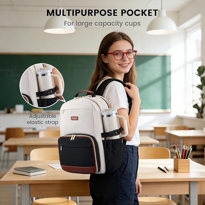 LOVEVOOK Lunch Backpack with Lunch Compartment,17 Inch Laptop Work Travel Insulated Cooler Backpack,Waterproof College Teacher Lunch Bag Box with Tumbler Holder,Gifts for Men Women,Beige-Black-Brown