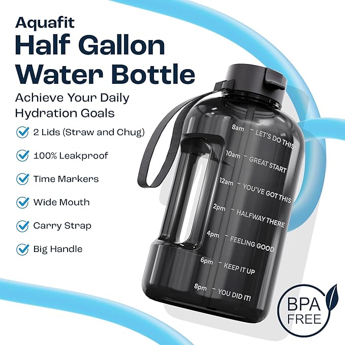 AQUAFIT Half Gallon Water Bottle with Time Marker - Straw & Chug Lid - BPA Free Gym Water Bottle with Straw - Big Gallon Jug (Blue Skies, 64 oz - 2 Lids)