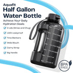 AQUAFIT Half Gallon Water Bottle with Time Marker - Straw & Chug Lid - BPA Free Gym Water Bottle with Straw - Big Gallon Jug (Blue Skies, 64 oz - 2 Lids)