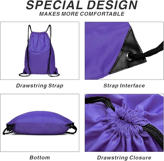 Drawstring Backpack Sports Water Resistant String Bag Sport Gym Sackpack for Women Men Large with Zipper, Purple