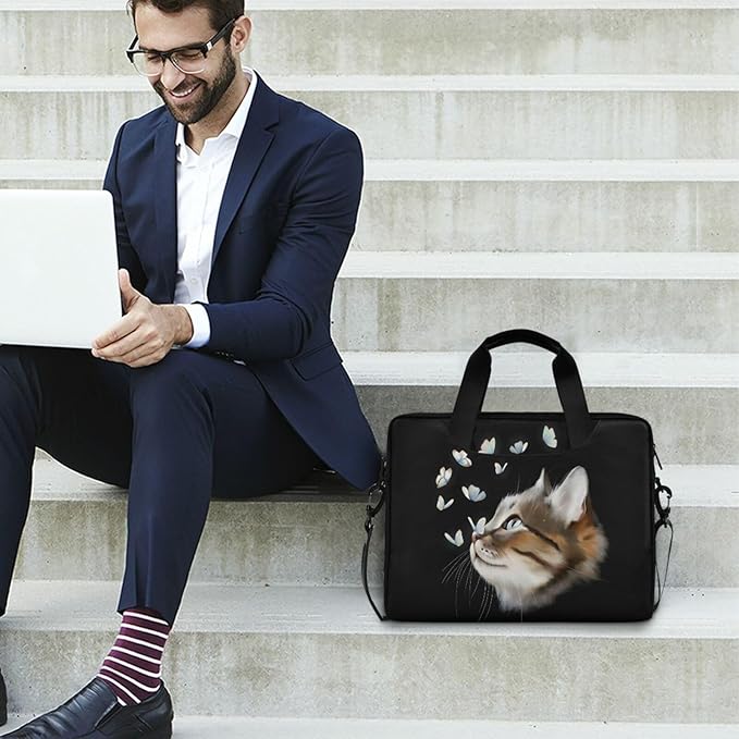 Cute Kitty Cat with Butterfly Laptop Bag Case 13 14 15.6 inch Laptop Messenger Bag Crossbody Briefcase for Men Women with Shoulder Strap Handle