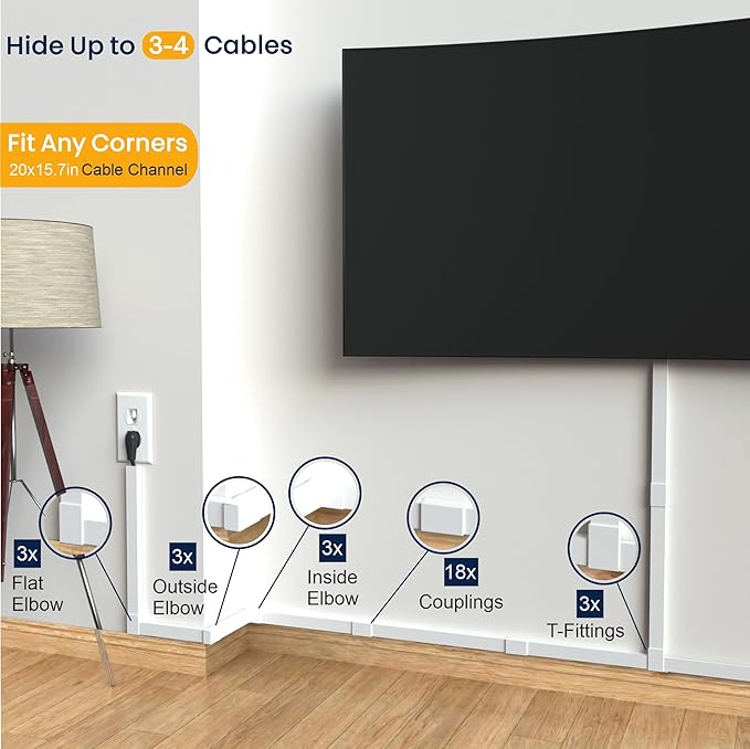 Cord Hider, Wire Cover, Cord Covers Wall Mounted TV, Cable Hider, 315 in Paintable White Raceway Kit, Electrical Cords Concealer, Cable Management, Hide Cords Wall, Wire Molding, Adhesive Channel