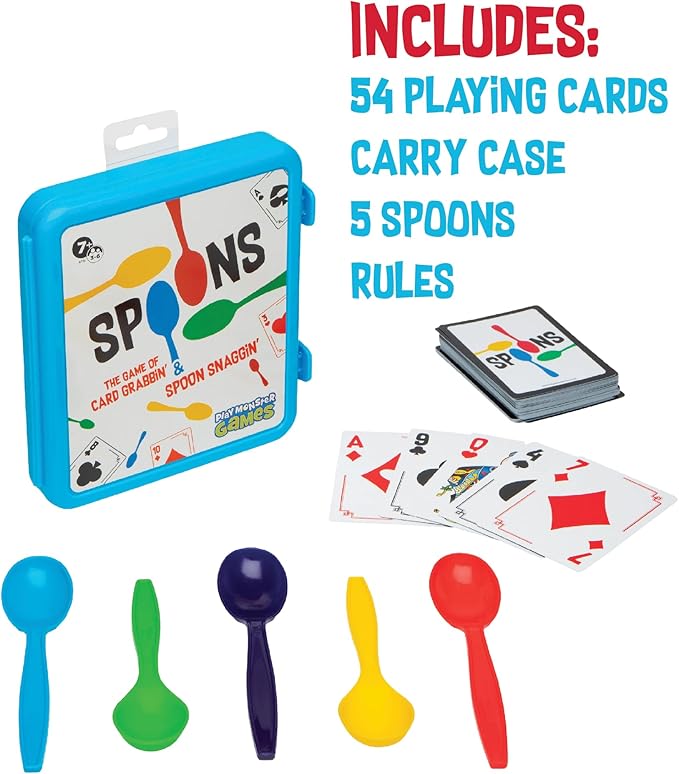 PlayMonster Spoons in a Case, Card Games for Kids - Spoons Game, Fun Family Games for Kids and Adults, Game Night, Travel Games, 3-6 Players, Ages 7+