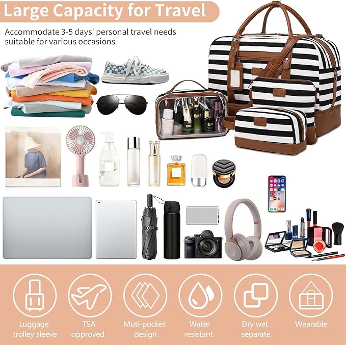 Wogarl 4PCS Weekender Bags for Women Large Overnight Weekend Travel Duffel Carry on Shoulder with Shoe Compartment Canvas Toiletry Bag for Travel Business Gym