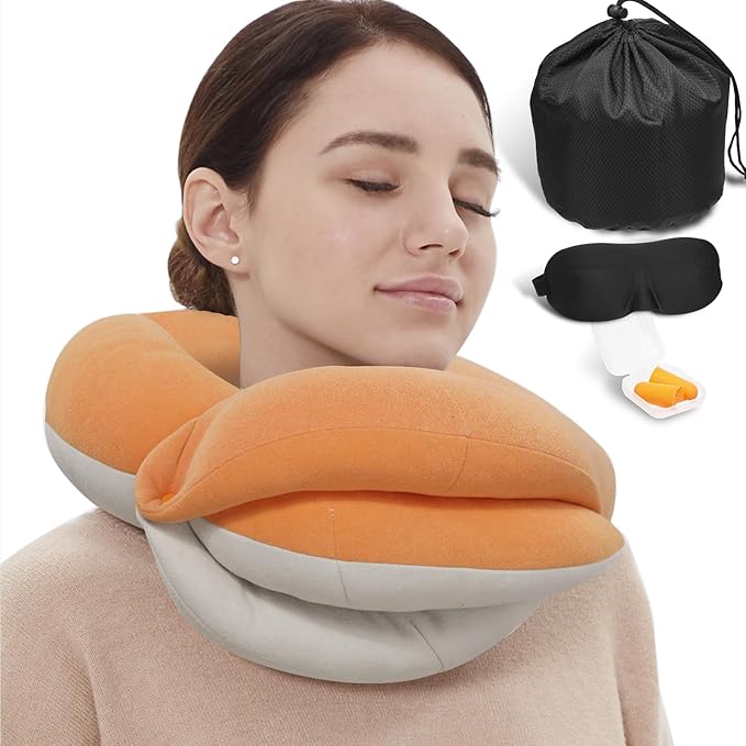 BUYUE Travel Neck Pillows for Airplanes, Memory Foam 360° Head Support Sleep for Long Flight, Skin-Friendly & Breathable, Kit with Eye Mask, Earplugs and Storage Bag (Adult, Orange, 90+ lbs)