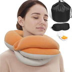 BUYUE Travel Neck Pillows for Airplanes, Memory Foam 360° Head Support Sleep for Long Flight, Skin-Friendly & Breathable, Kit with Eye Mask, Earplugs and Storage Bag (Adult, Orange, 90+ lbs)