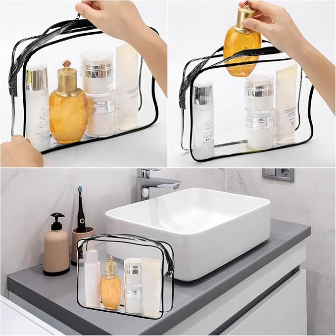 Tbestmax 10 Pack Clear Cosmetic Bags Makeup Bags Portable Waterproof TSA Approved Travel Toiletry Bags Large Organizer Black, 9.8" x 7.1" x 2.4"