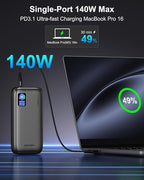 AsperX Laptop Power Bank, 25,000mAh 140W PD 3.1 Fast Charging Portable Charger, TFT Smart Display USB C Battery Pack(92.5Wh) for MacBook/iPhone 17/Dell XPS/Galaxy S25/Steam Deck/ipad (Flight-Approved)