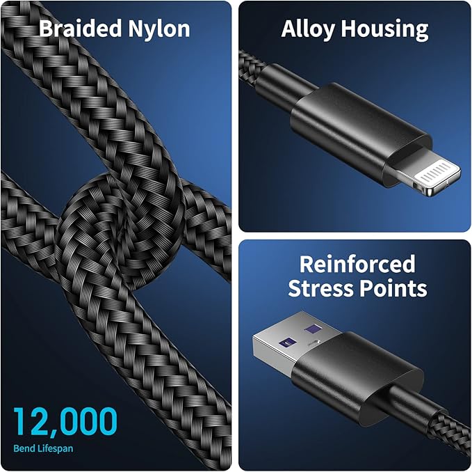 5Pack for iPhone Charger Cable 3ft Lightning to USB Cables Fast for iPhone Charging Cord [Apple MFi Certified] Nylon Braided for iPhone 14/13/12/11 Pro/X/Xs Max/XR/8 Plus/7/6/5/SE,for IPad, 3 Foot