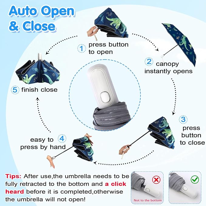 Kids Folding Umbrella Auto Open/Close Umbrellas for Rain Round Corner Safe Design UV Resistant Automatic Children Travel Umbrellas Reinforced Canopy 360° Reflective Strip Lightweight for Girls & Boys