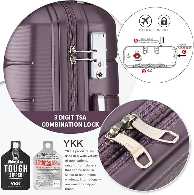Somago Luggage Sets 3 Piece Hard Shell Polypropylene Suitcase with TSA Lock Spinner Carry On Luggage with Beauty Case Travel Set,Elegant Purple