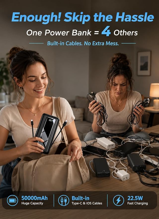 Power Bank, 50000mAh Travel Camping Essential Portable Charger with Built-in USB-C & iOS Cable, 22.5W PD Fast Charging Battery Pack, for iPhone 17/16/15, MacBook, Samsung – Dark Black