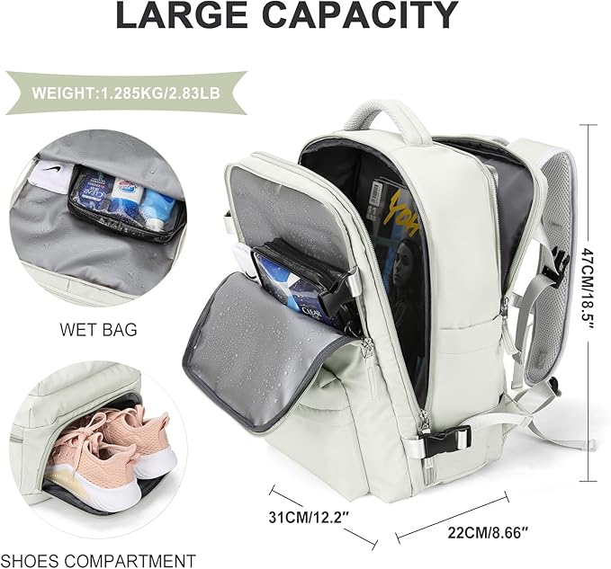 WONHOX Large Travel Backpack Women, Carry On Backpack, Hiking Backpack Waterproof Outdoor Sports Rucksack Casual Daypack with USB Charging Port Shoes Compartment, Moon White