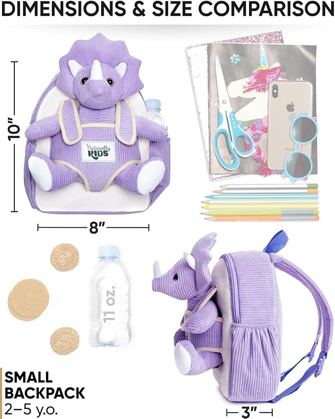 Naturally KIDS Purple Dinosaur Toys for Girls, Triceratops Toy, Dinosaur Gifts for 2 3 Year Old Girls, Toddler Backpack