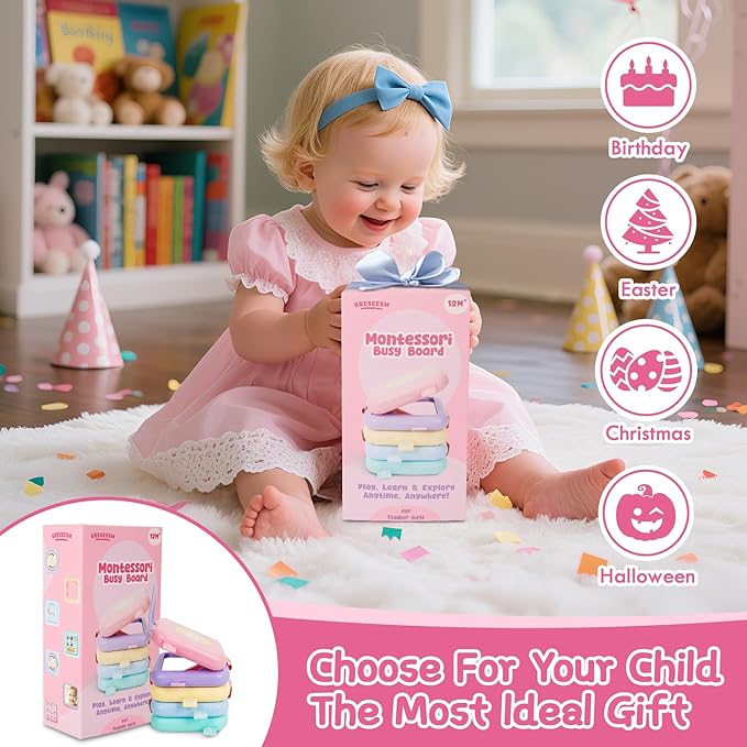 GRESEESM Montessori Toys for 1 Year Old Girls Gifts, Toddler Busy Board, Baby Learning Travel Sensory Toys for Toddlers 1-3, 1st Birthday Gifts, Easter Basket & Stocking Stuffer, Macarons