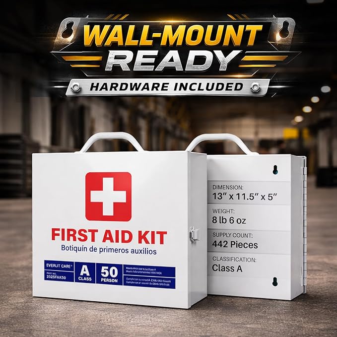 EVERLIT CARE 2-Shelf OSHA-Compliant First Aid Kit, ANSI Class A 50 Person Emergency First Aid Cabinet for Buiness, Job Site, Industrial Manufacturing Facility, Restaurant, and Kitchen
