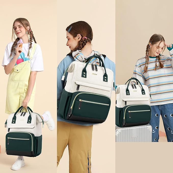 Laptop Backpack for Womem Work Bags: 17.3 Inch Travel BackPacks With USB Charging Port Anti Theft Fashion College BookBag Durable Daypack Purse Bussiness Back Pack for Nurse Teacher Green Beige