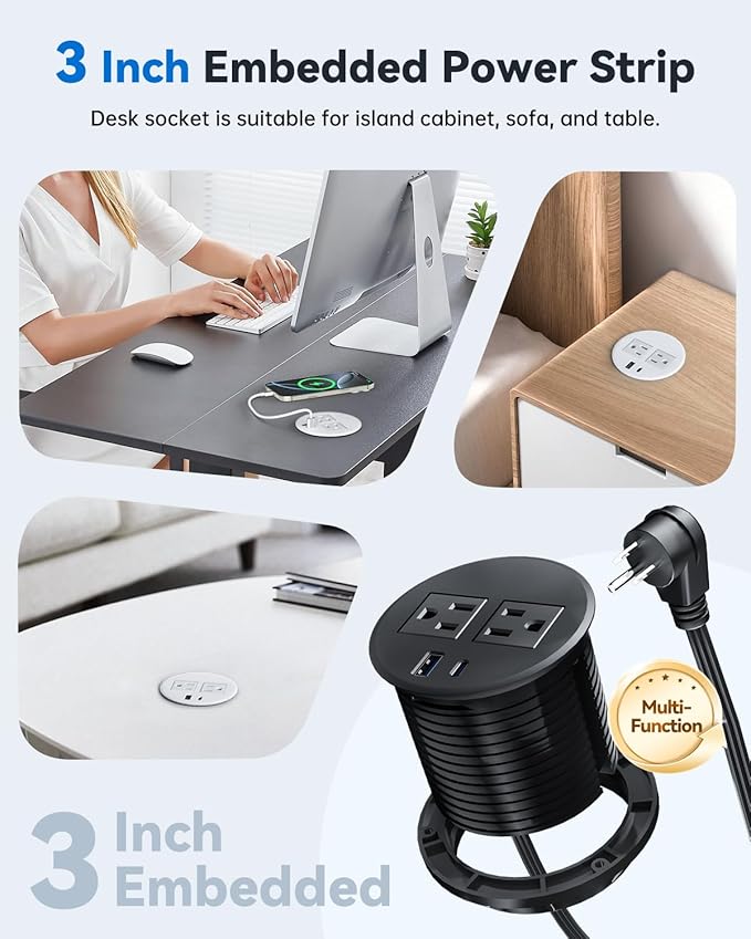 Desktop Power Grommet with 20W USB C Fast Charging, 3 inch Flush-Mount Recessed Power Strip for Desk,Office Tables,Furniture, Recessed Outlet 6FT Cord, 45° Thin Flat Plug, 2 USB Ports, White