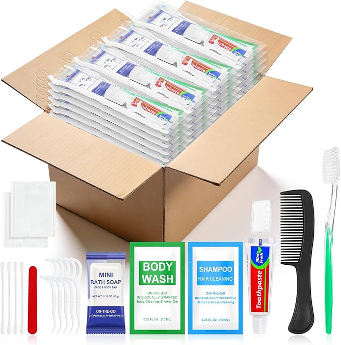 50 Sets Personal Hygiene Kit Bulk,10-IN-1 Green Individually Wrapped Disposable Travel Toothbrushes and Hotel Vanity Set Basic Toiletry Supplies for Homeless,Guests,Charity