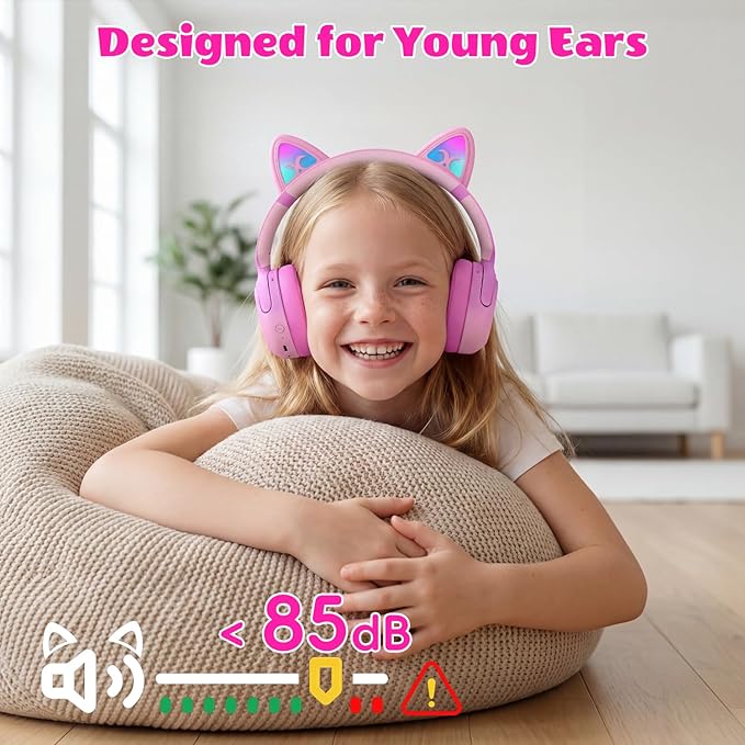 Kids Bluetooth Headphones with LED Cat Ears, Active Noise Cancelling Headphones for Kids, 85dB Volume Limited, 40H Play Time, Bluetooth 6.0, Fast Charging, Built-in Mic for iPad/Tablet/Airplane, Pink