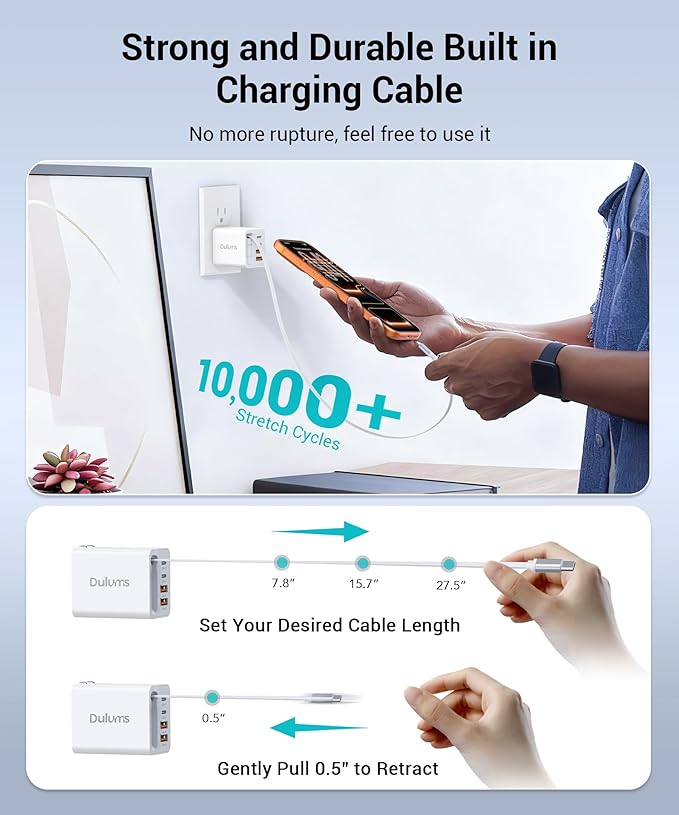 2026 Updated 40W Retractable Charger,4Port Travel Essentials Multiport,5-in-1 PD Wall Charger Block Plug+2.6ft Type C Cables, Fast Phone Charging Foldable Brick for iPhone 17/16/15 Pro Max,Galaxy