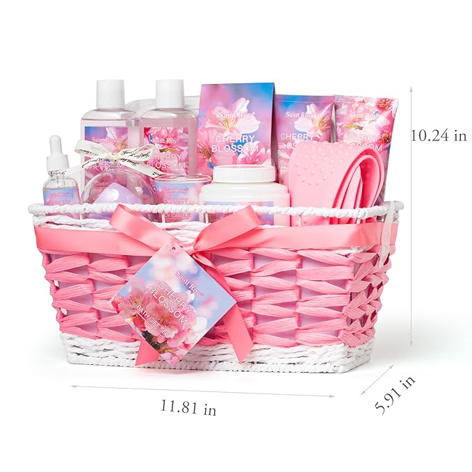 Mothers Day Gifts for Women, 13Pcs Bath & Body Gift Set Basket for Women, Cherry Blossom Bath and Body Gift, spa kit, Self Care Pampering Kit, Diffuser, Home Spa, cosmetic Bag, Birthday, Bridal Shower