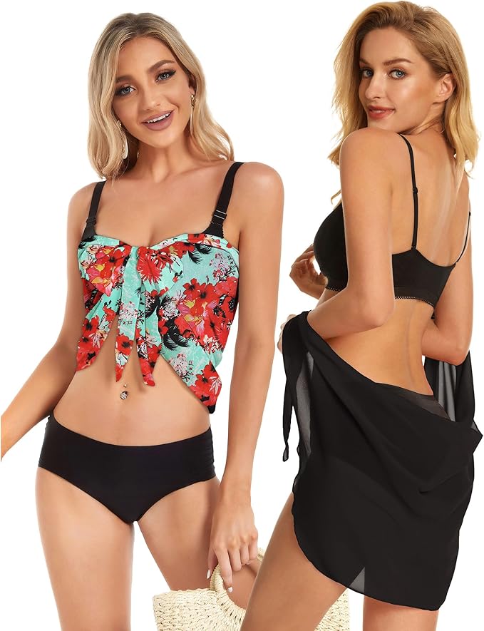 CHICGAL 2 Pieces Women Beach Sarong Bathing Suit Wrap Skirt Sheer Bikini Swimsuit Cover Ups for Swimwear