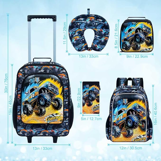 5Pcs Kids Luggage Set, 18" Boys Travel Suitcases with Wheels, Car Carry on Rolling Luggage Airline Approved (Black)
