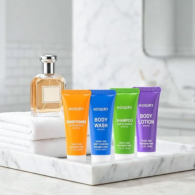 25 Set 4-IN-1 Travel Size Hotel Toiletries Bulk,100 Pack 30ml/1 fl oz Mini Hotel Toiletries with Body Wash,Shampoo,Conditioner,Body Lotion Guest Supplies Bulk for Homeless,Motel,Charity